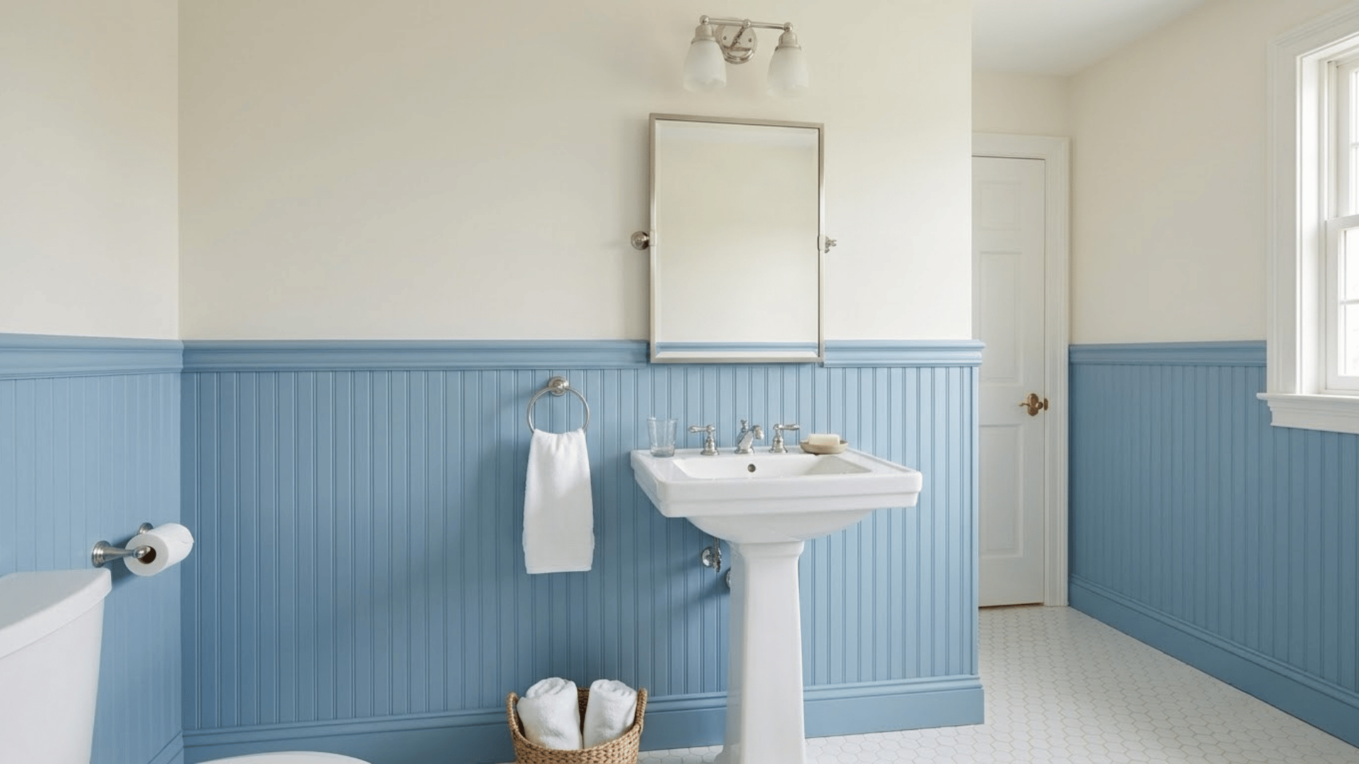 Bathroom walls with blue wainscoting below a mirror and sink area