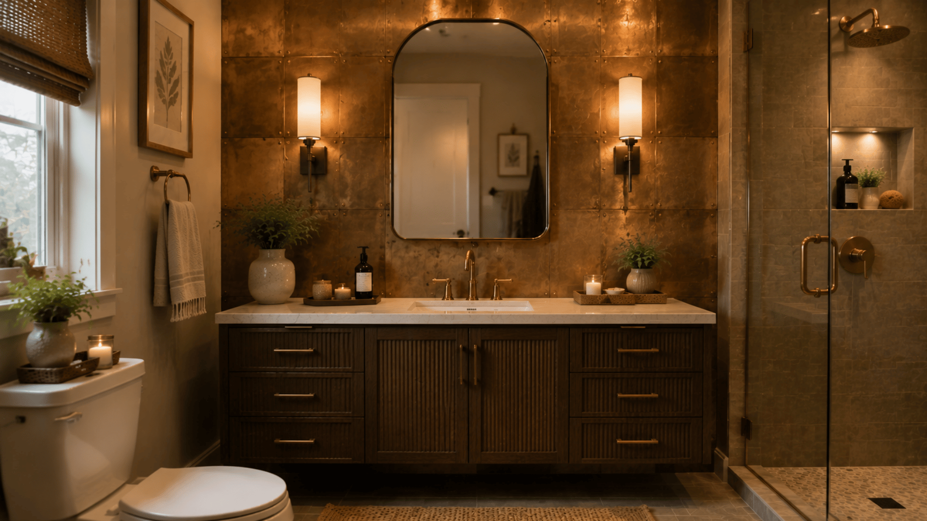 bathroom with antique brass panel accent wall and warm lighting