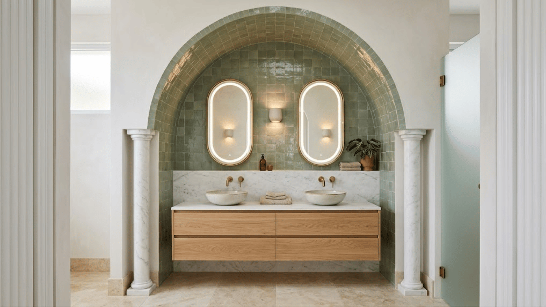 bathroom with arched niche accent wall and curved architectural details