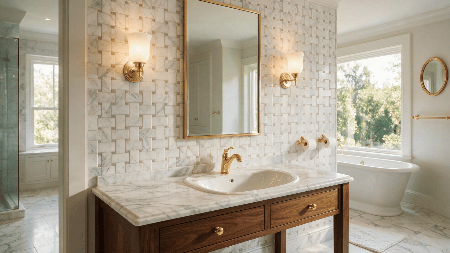 bathroom with basketweave marble mosaic accent wall behind vanity