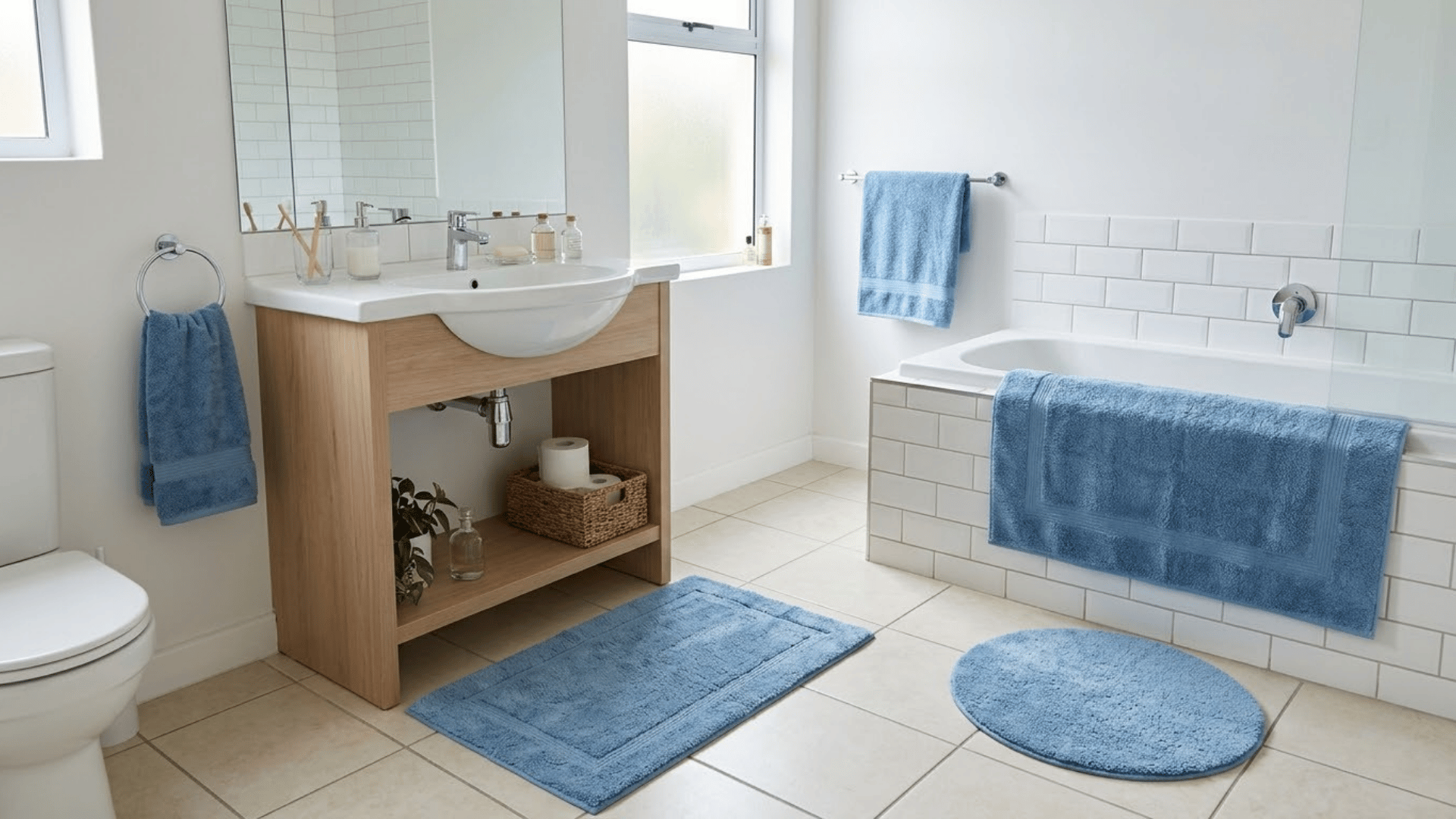 Bathroom with blue bath rugs and towels placed near the sink and bathtub