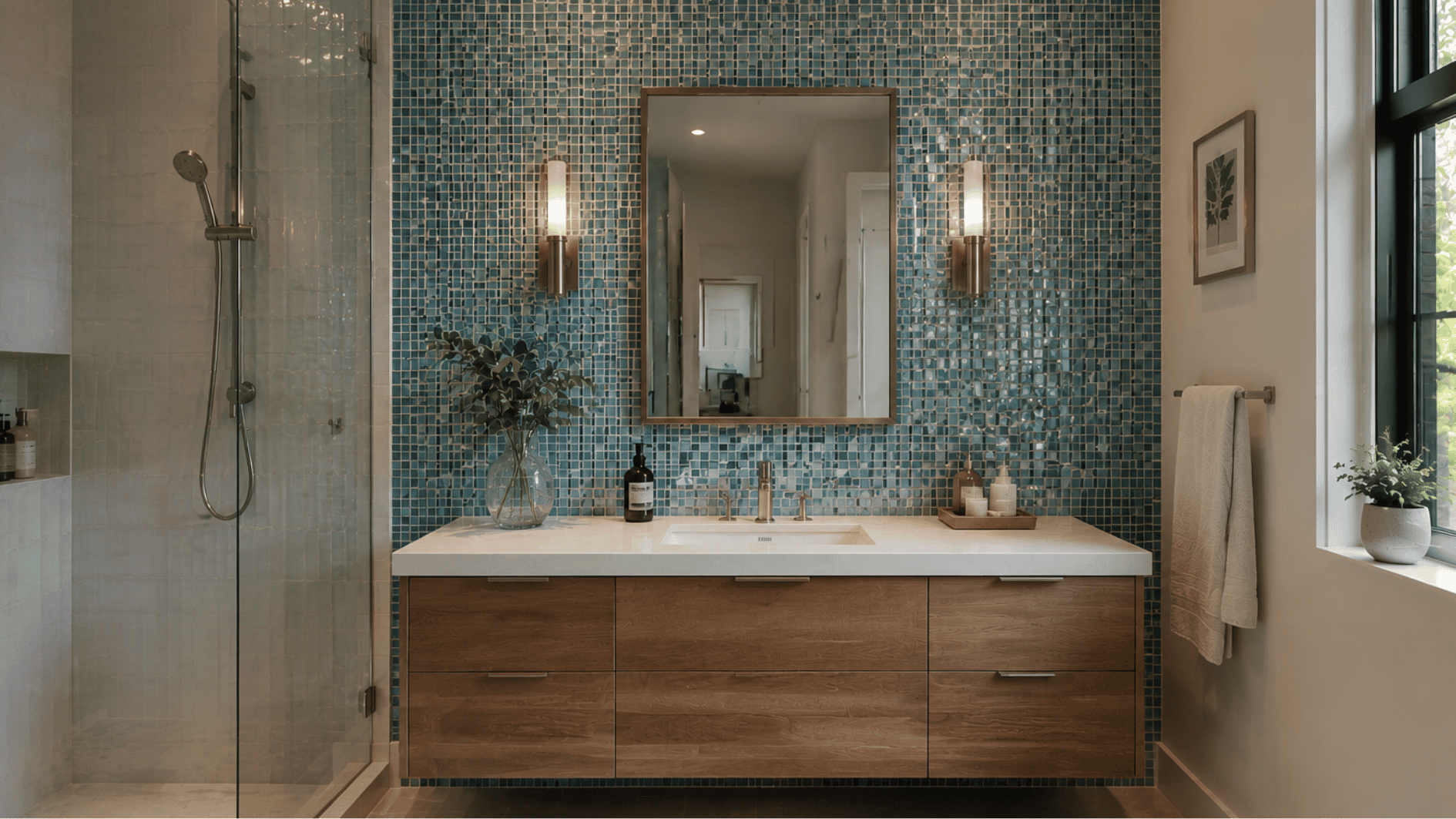bathroom with blue micro mosaic tile accent wall behind vanity and mirror with glossy textured tiles