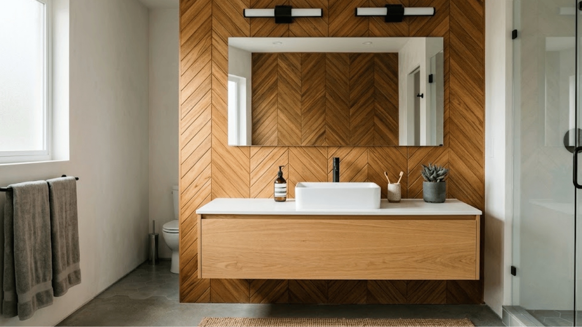 bathroom with chevron wood accent wall behind a modern vanity