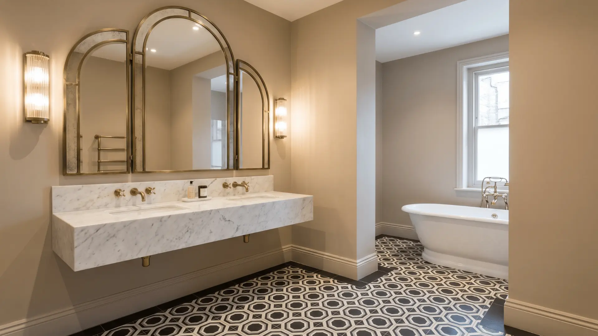 Bathroom with geometric tile floor, marble vanity, brass fixtures, and arched mirror with sconces.