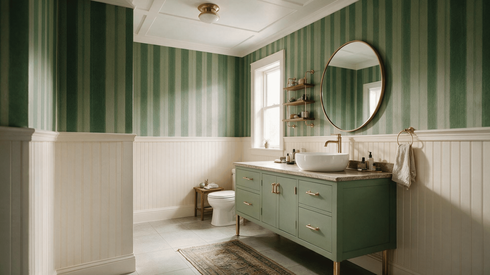 bathroom with green striped walls white beadboard sage vanity brass fixtures and soft natural daylight indoors
