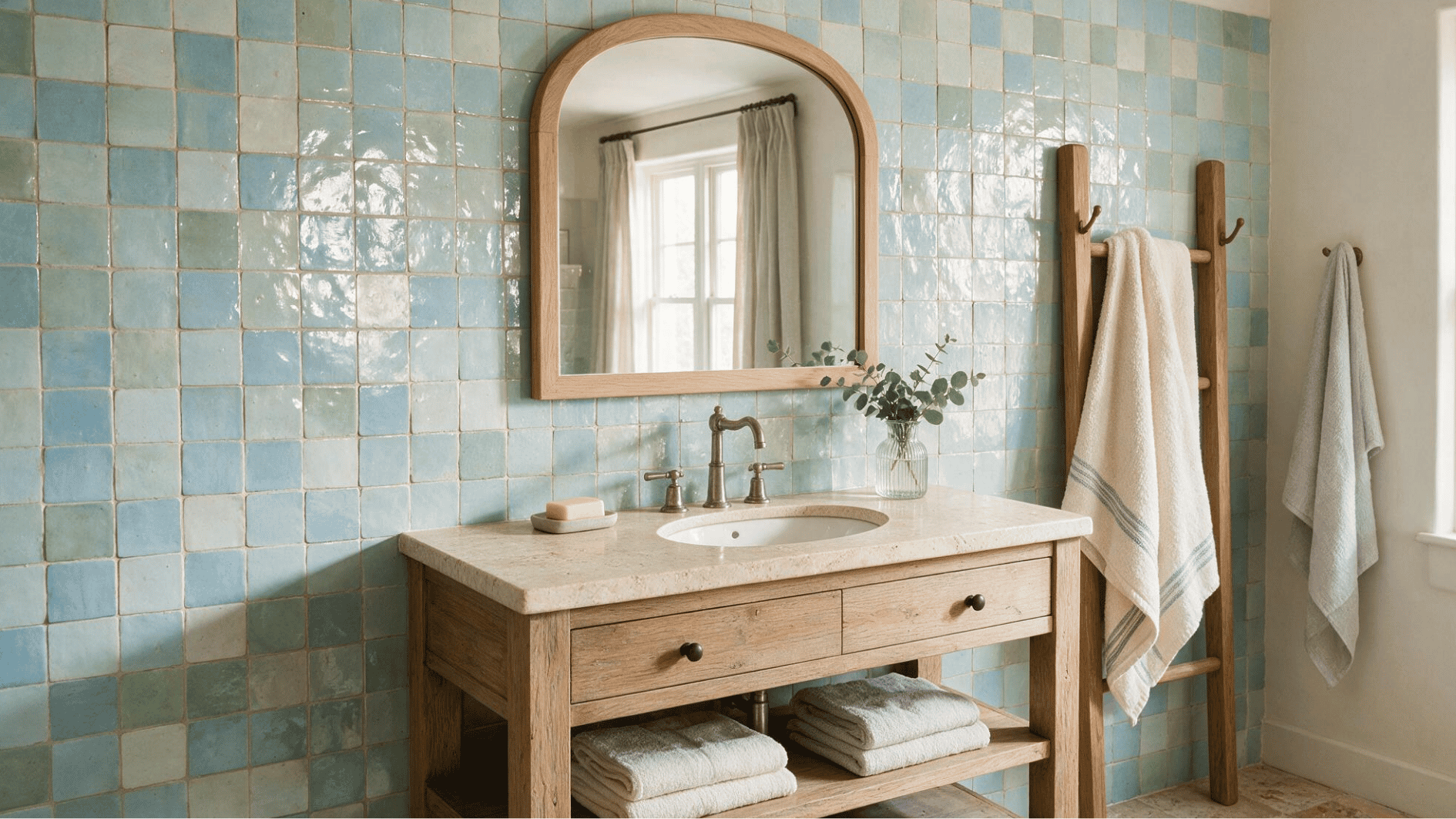 bathroom with handmade zellige style tile accent wall and glossy finish