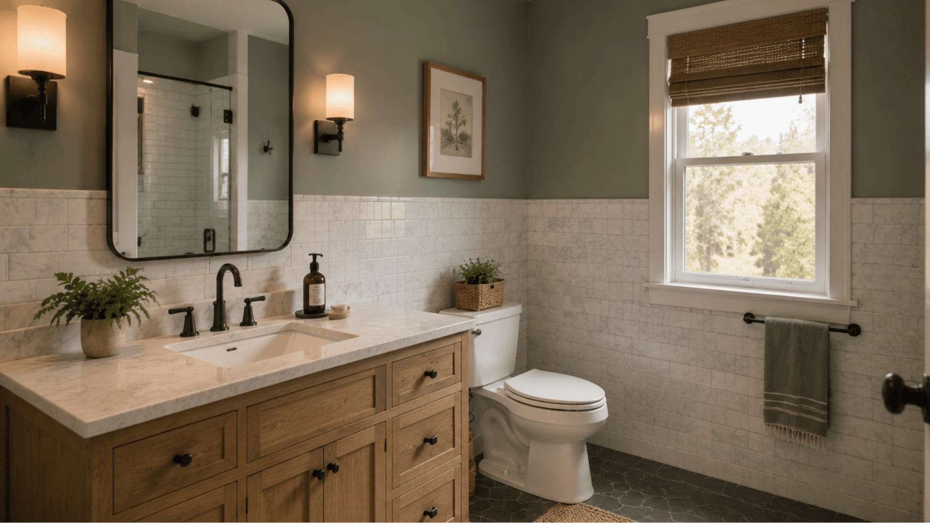bathroom with tiled lower wall and painted upper accent wall