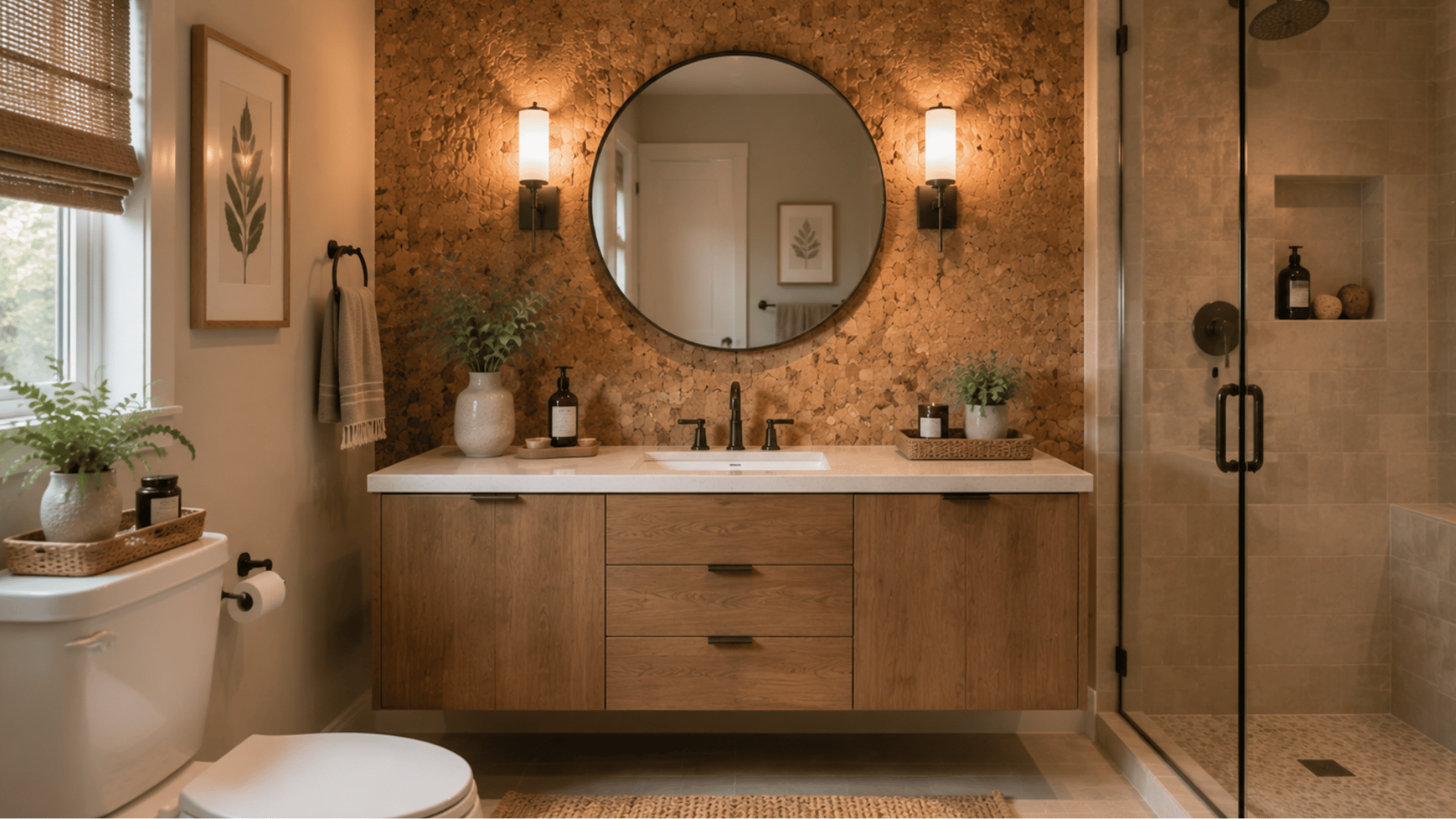 bathroom with warm cork accent wall behind vanity area