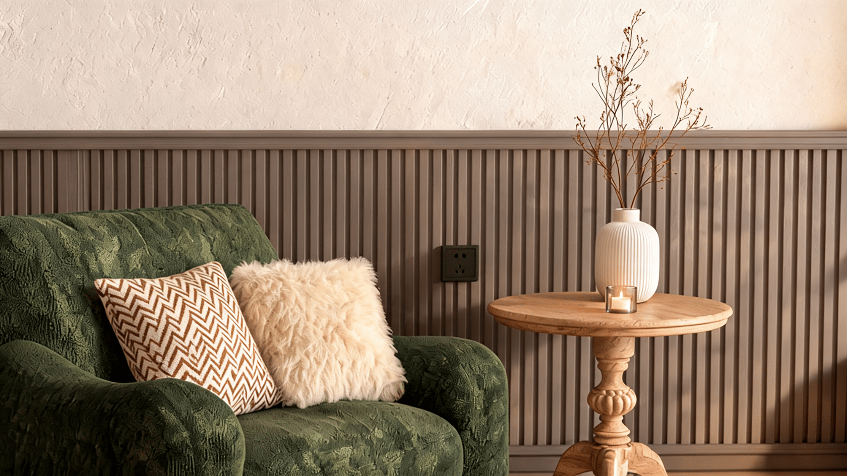 Cozy corner with taupe beadboard wall paneling, a green armchair, and a small round wooden table.