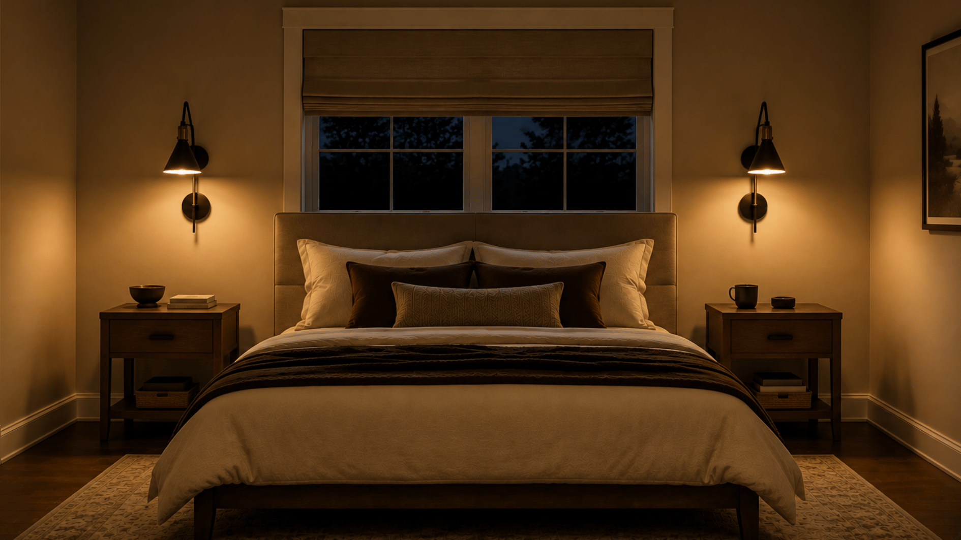 bed centered below a window with matching narrow nightstands and warm wall sconces balanced on both sides