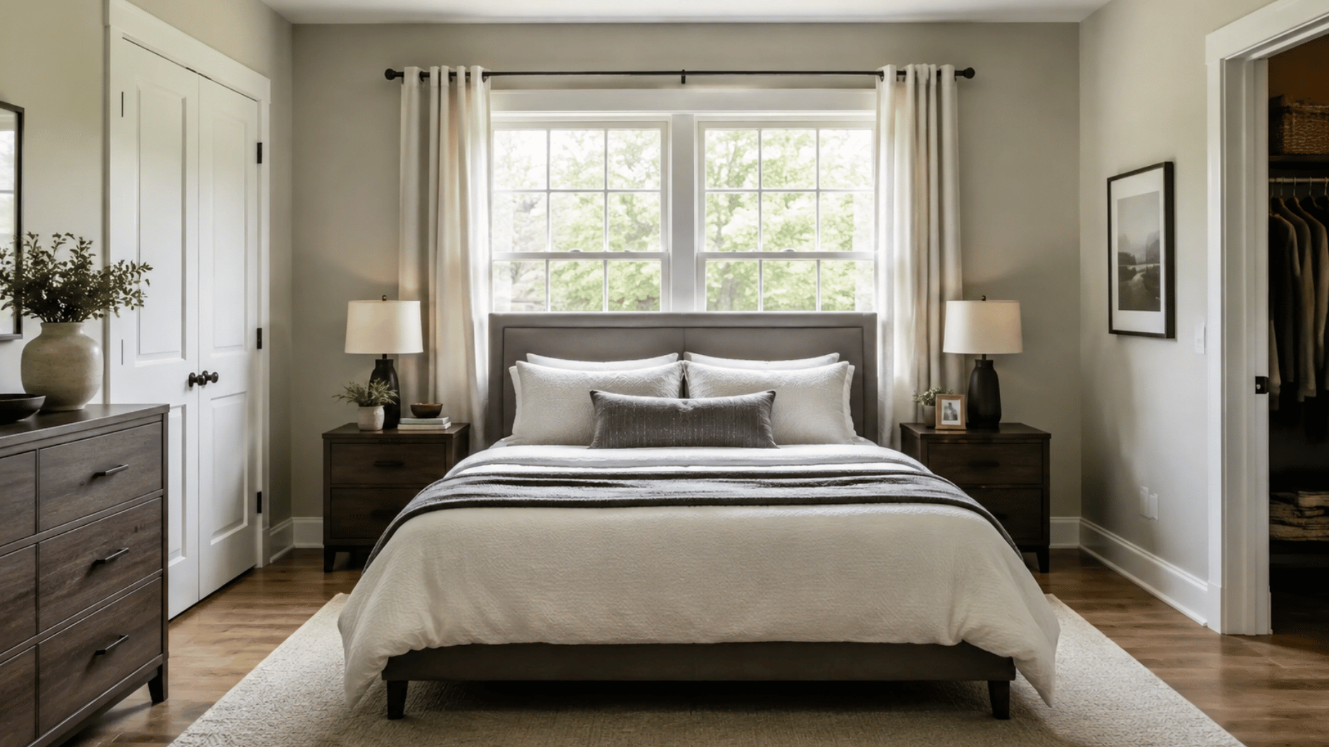 bed centered in front of a bedroom window with clear walking space and matching nightstands