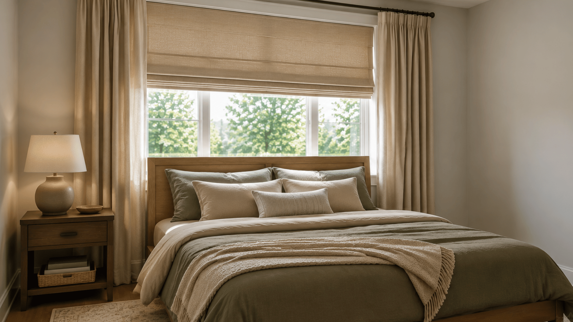 bed in front of a bedroom window with roman shade and curtain panels hanging freely beside the wooden headboard