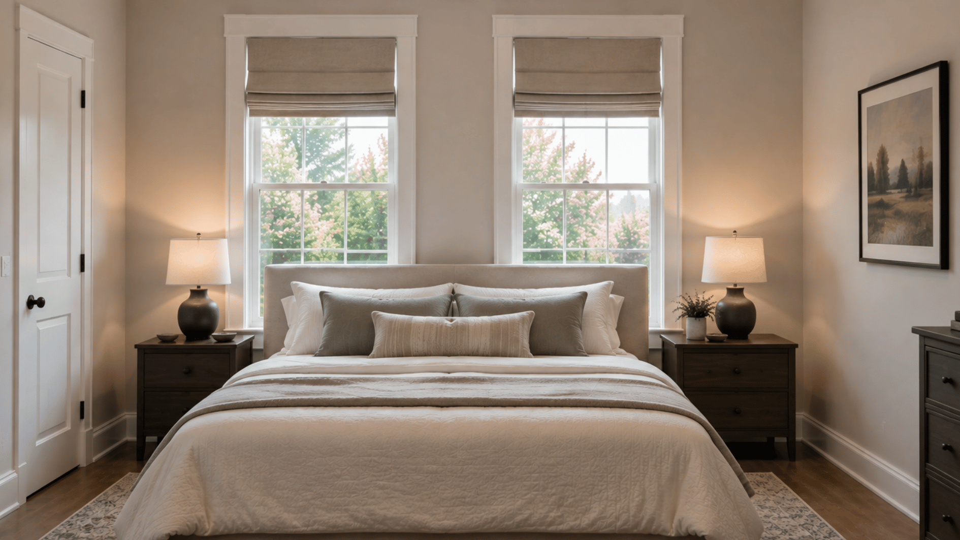 bed placed across two closely spaced bedroom windows with a low headboard keeping most of the glass visible