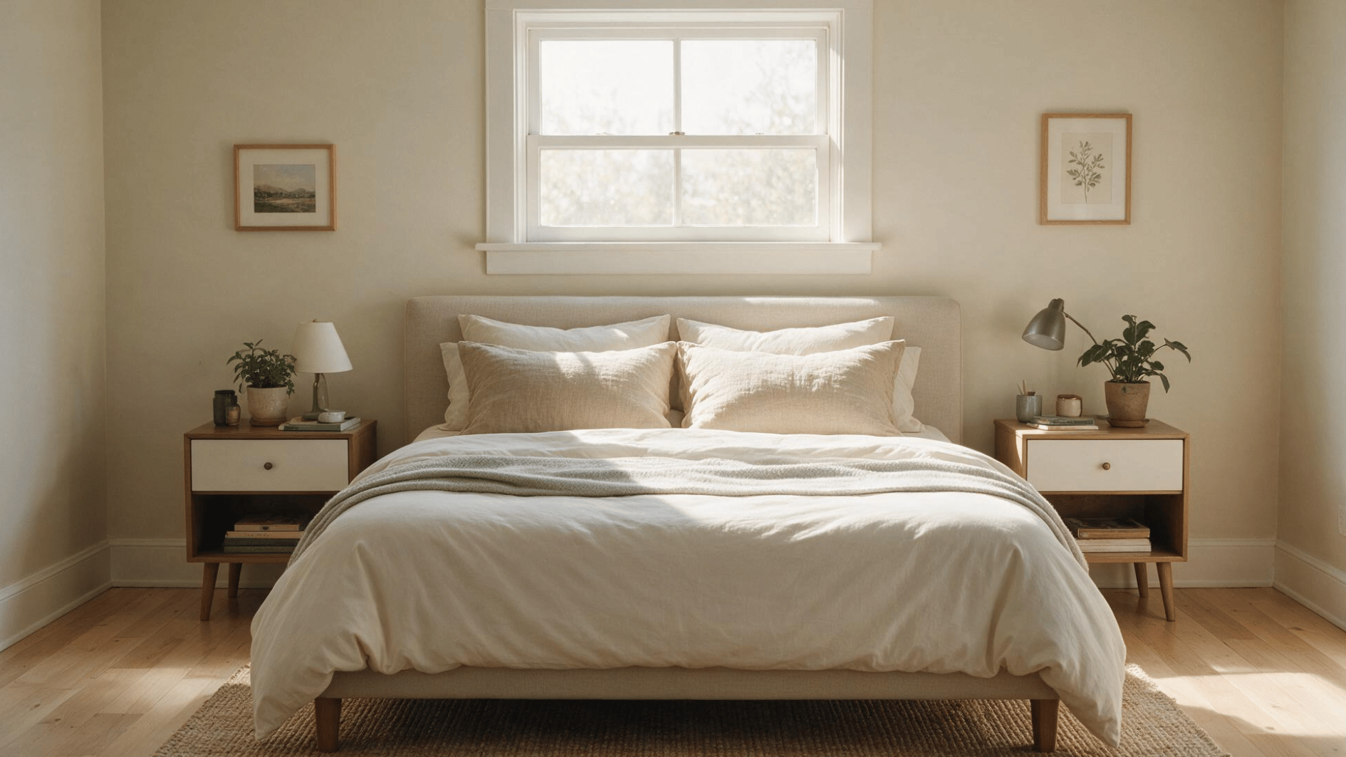 bed placed below a standard bedroom window with a low headboard that keeps the window glass fully visible
