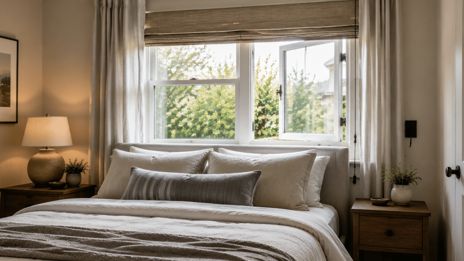 bed placed below an open bedroom window with accessible handles, curtains, shade controls, and clear space