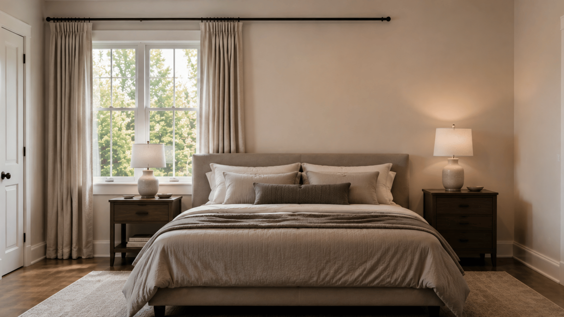 bed placed beside an off-center bedroom window with curtains extending across the wall for a balanced layout