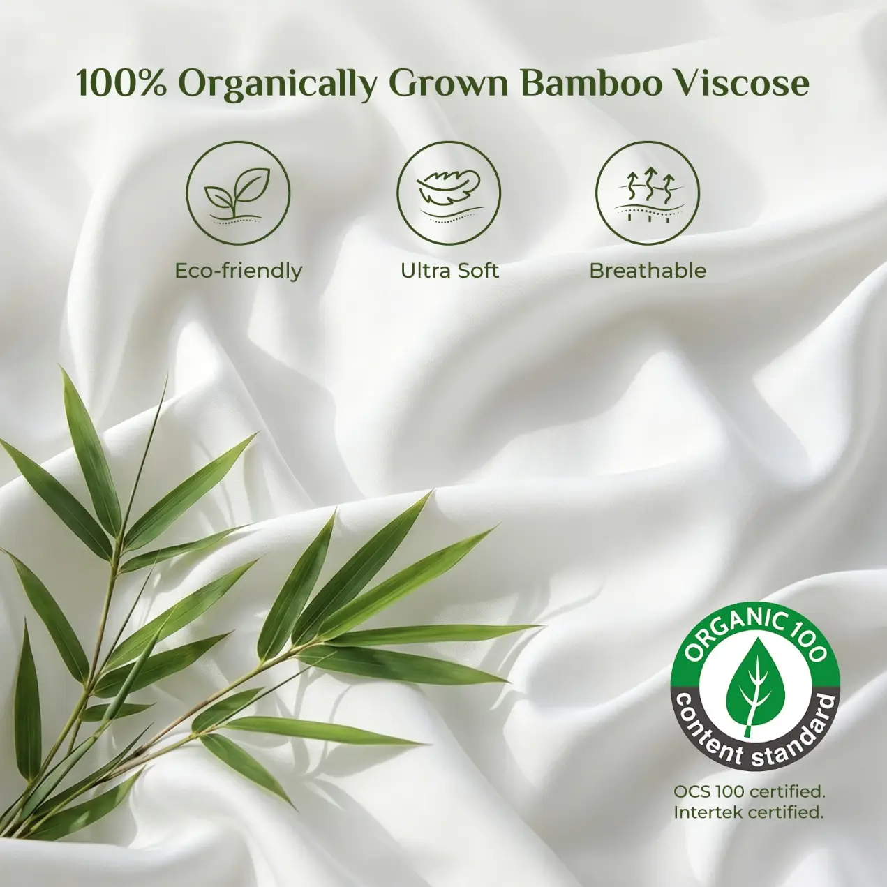 Smooth white bamboo viscose fabric with green bamboo leaves on top