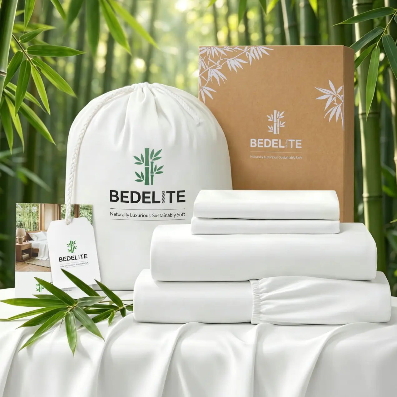 White bed linens and packaging with bamboo motif in serene bamboo grove setting