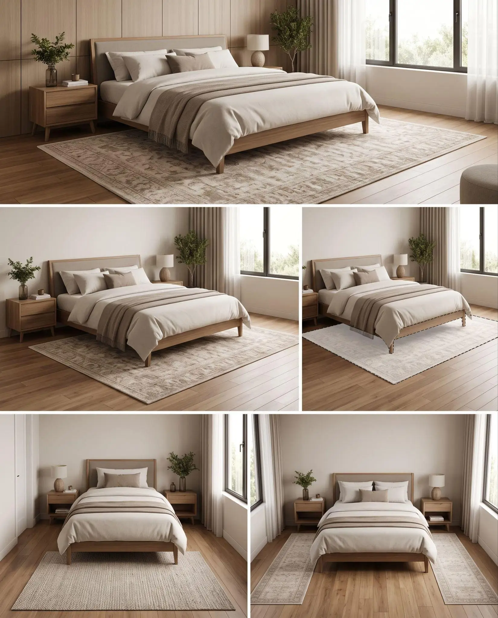 Minimalist bedroom with beige bedding, wooden furniture, large windows, and decorative plants