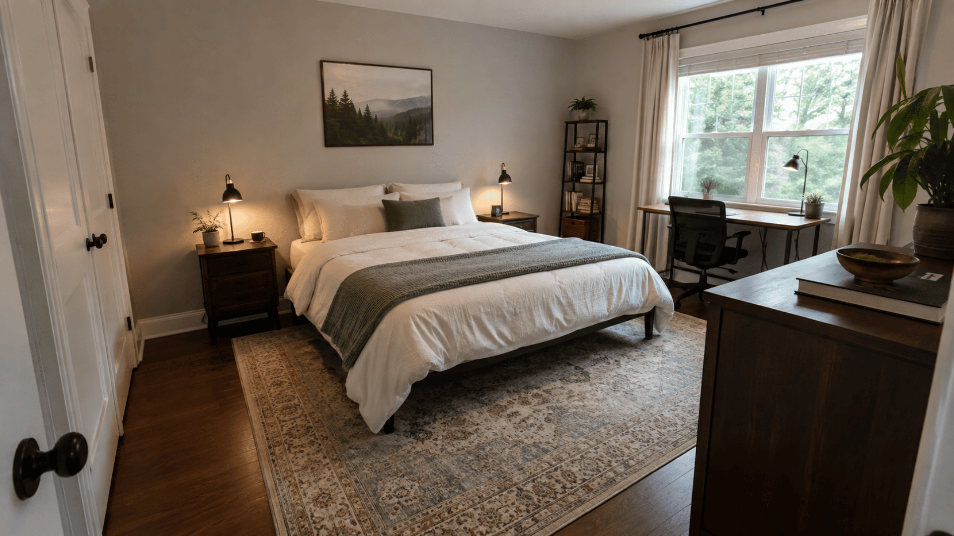 bedroom with centered bed, nightstands, desk near window, and dresser by door