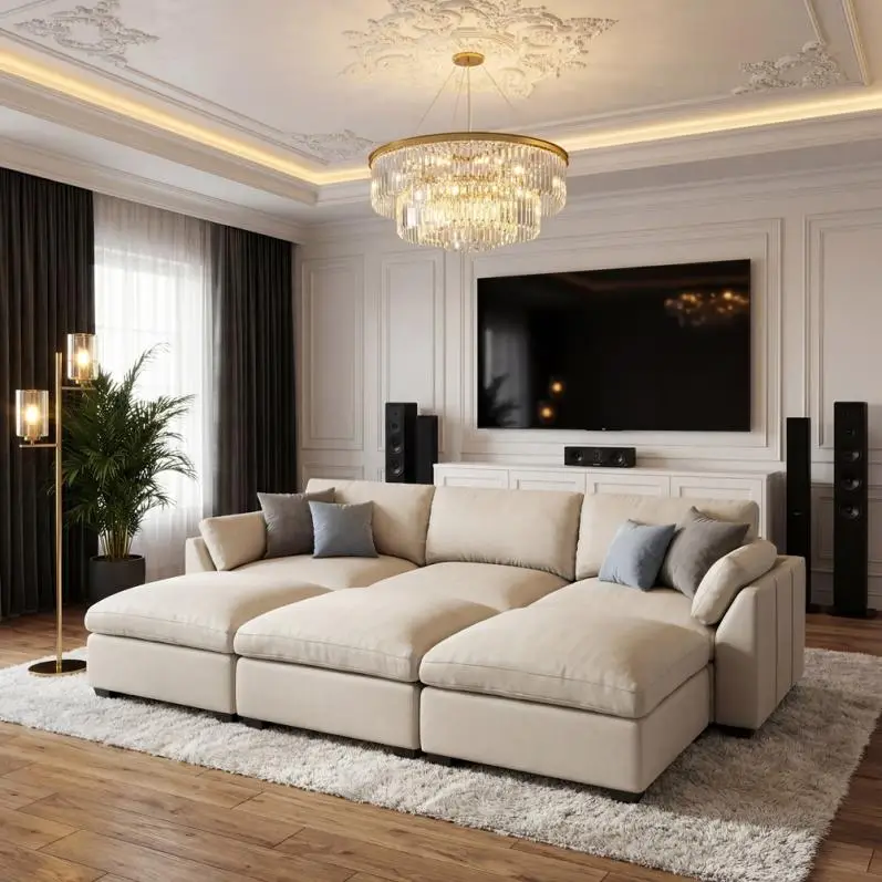Elegant living room with large beige sectional sofa, crystal chandelier, and flat-screen TV on wall