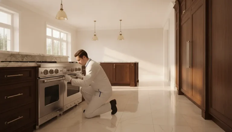 Man kneeling in bright kitchen inspecting stainless steel oven with marble countertops
