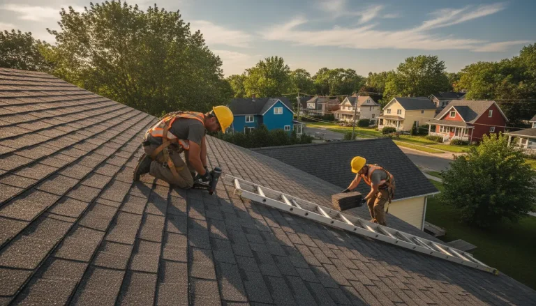 Roofers wearing safety gear installing shingles on suburban house under clear sky