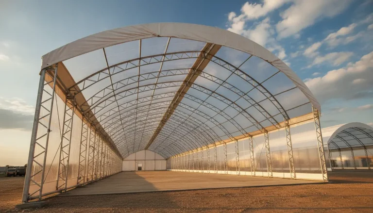 Large open-sided storage tent with metal frame under partly cloudy sky