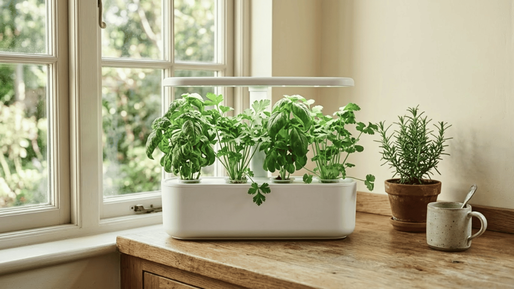 Best hydroponic indoor garden growing fresh basil, parsley, and cilantro on a sunny kitchen windowsill.