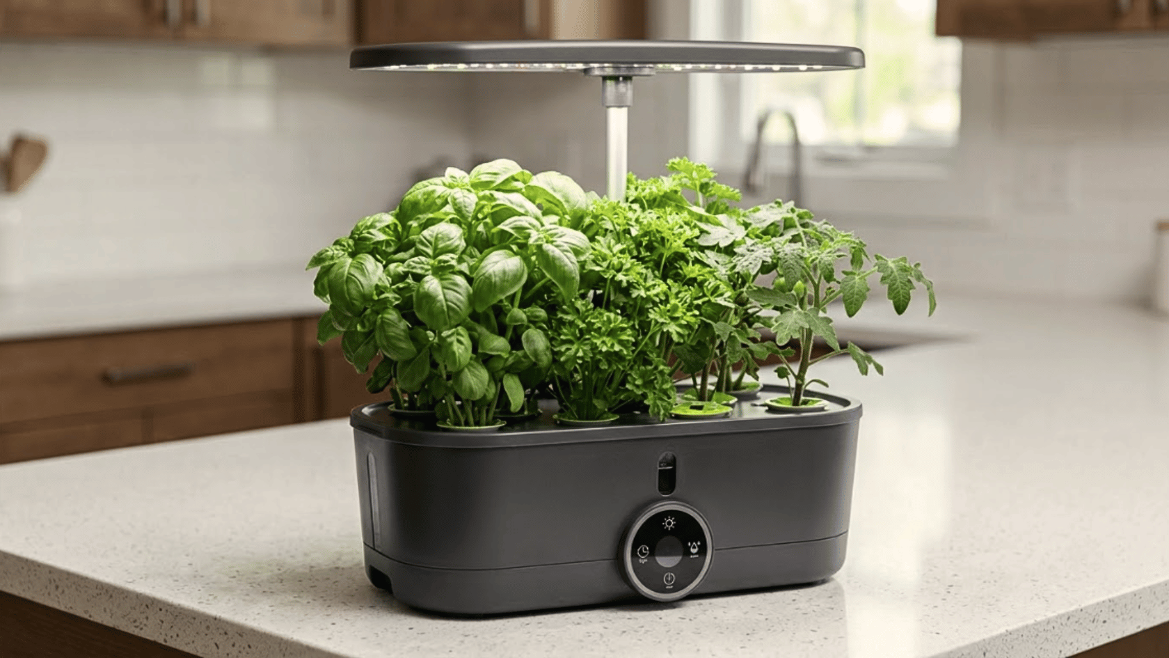 Best hydroponic indoor garden growing fresh herbs and tomato plants on a kitchen counter