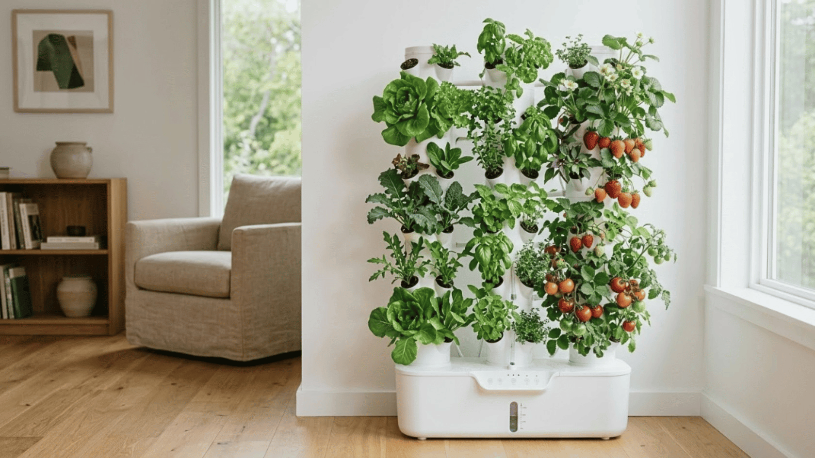 Best hydroponic indoor garden system growing herbs, leafy greens, and vegetables in a modern kitchen setup.