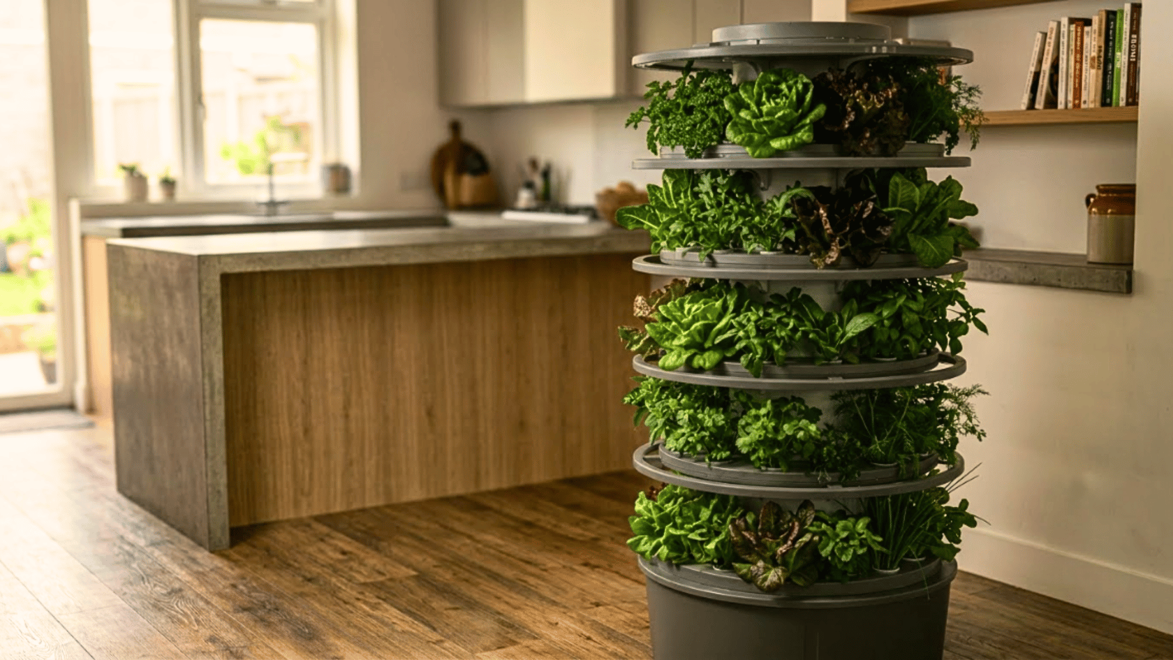 Best hydroponic indoor garden tower with multiple tiers growing leafy greens in a kitchen