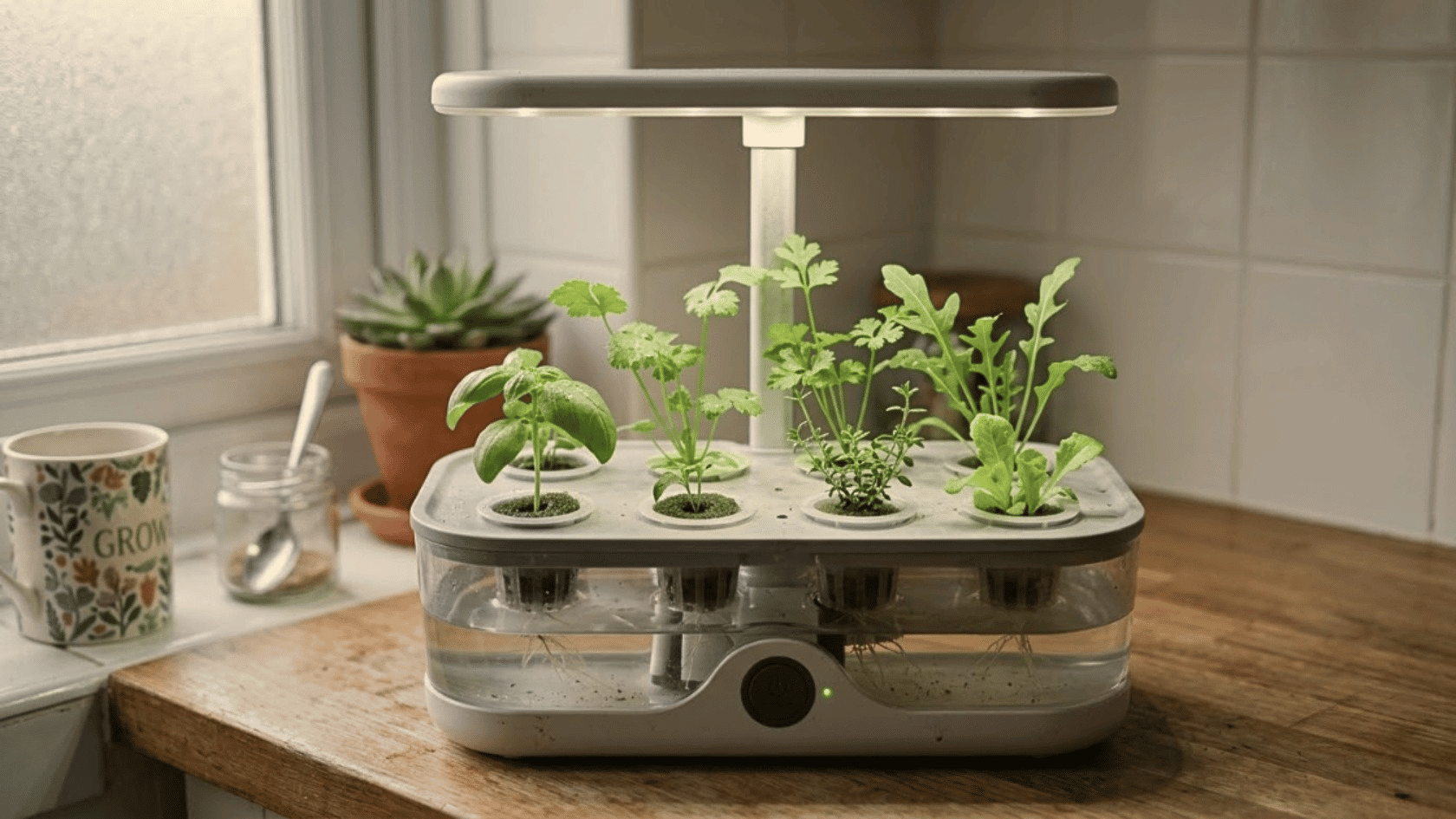 Best hydroponic indoor garden with adjustable LED light and visible water tank growing fresh herbs on a countertop.