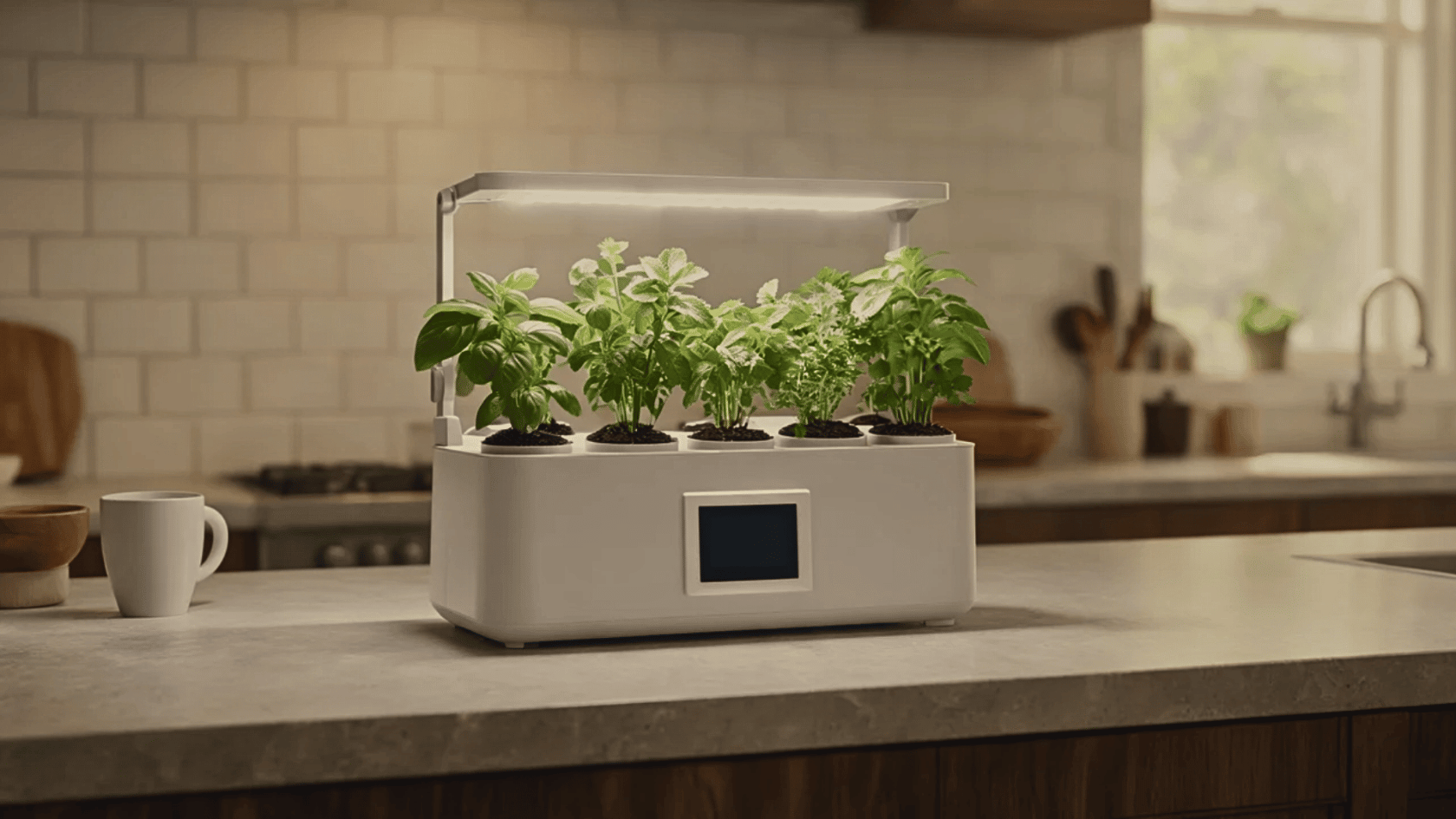 Best hydroponic indoor garden with digital display screen growing fresh herbs on a modern kitchen countertop.
