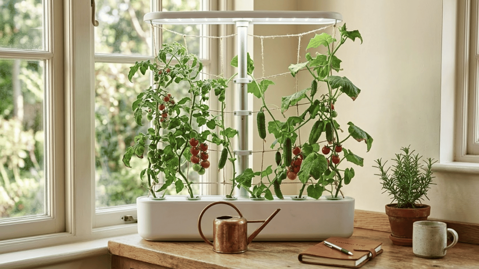 Best hydroponic indoor garden with trellis support growing tomatoes and cucumbers on a sunny windowsill.