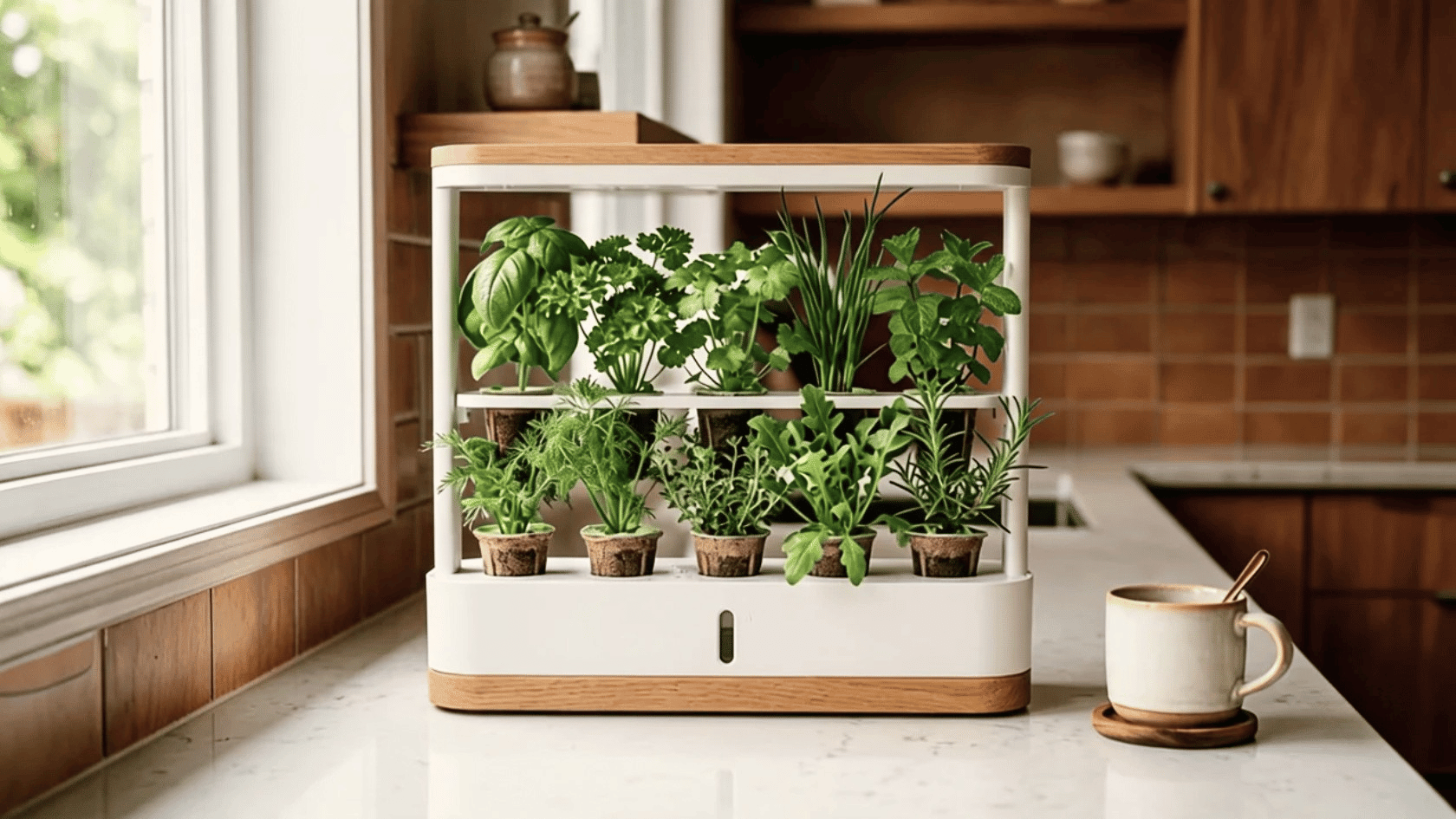 Best hydroponic indoor garden with two tiers growing fresh basil, cilantro, and herbs on a kitchen counter.