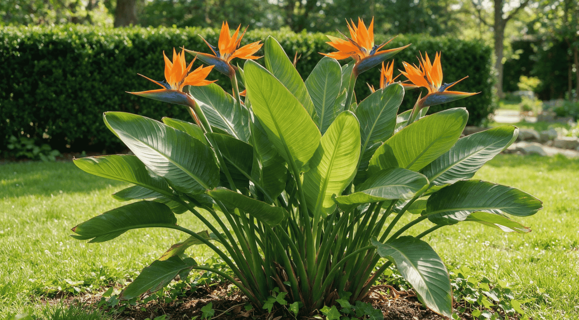 bird of paradise plant with orange flowers and broad green leaves growing in a sunny landscaped garden