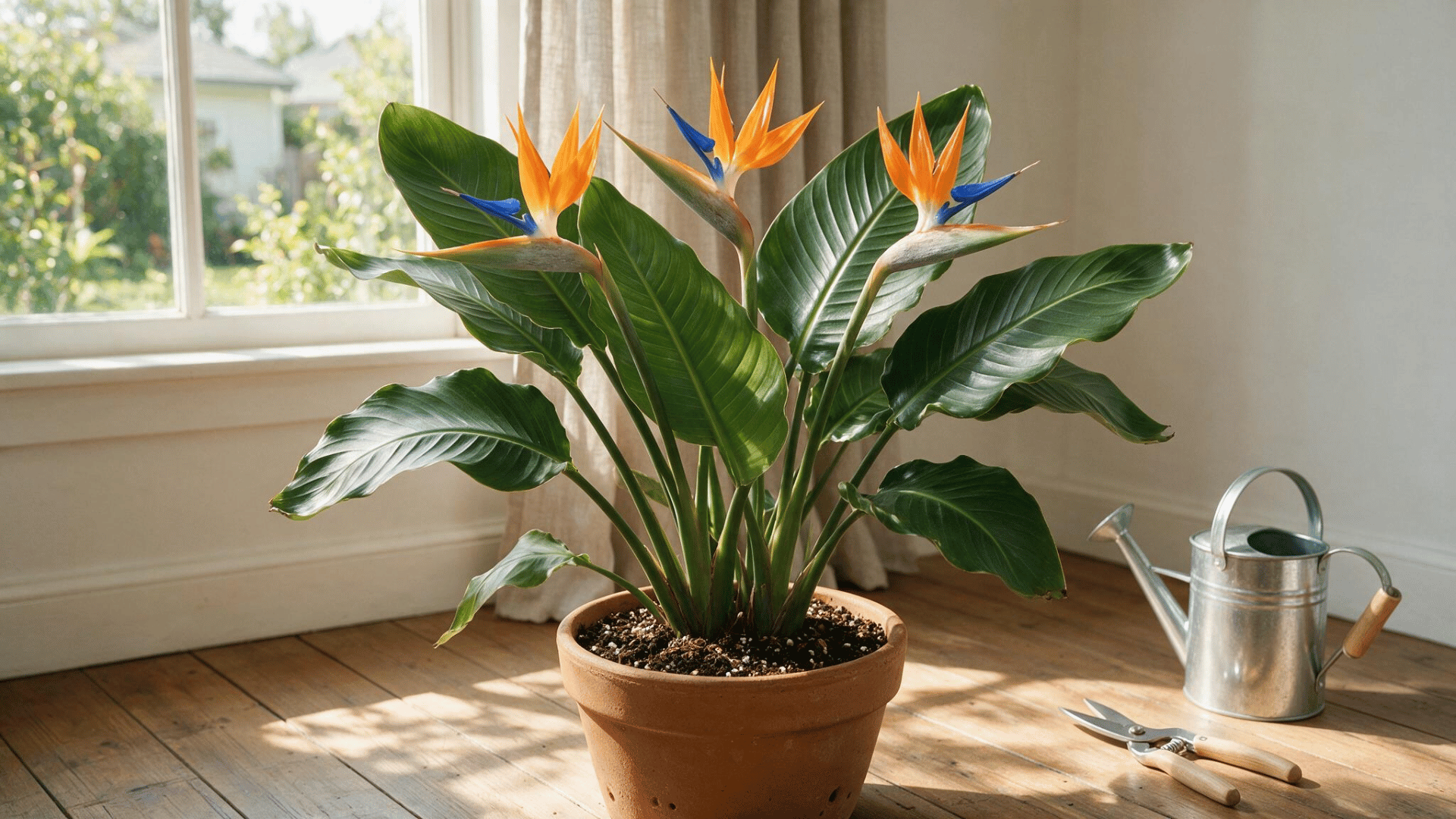 bird of paradise plant with orange flowers in a terracotta pot beside a sunny window with watering can and pruning shears