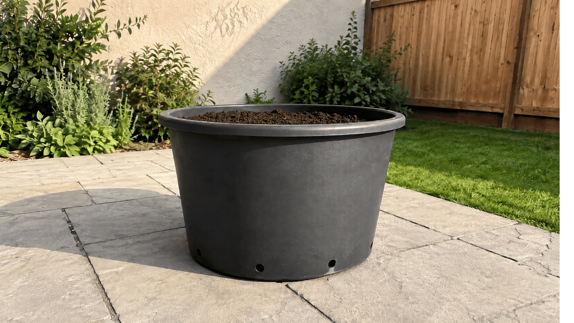Black container filled with dark potting mix soil, sitting on a patio near plants