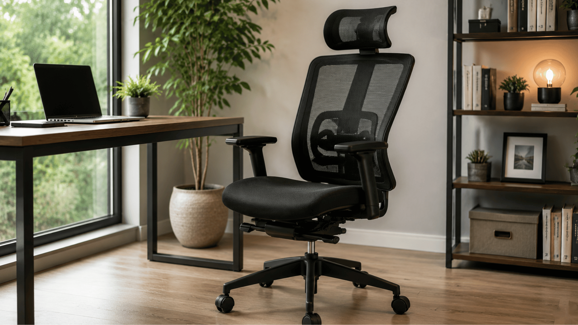 black ergonomic office chair with mesh back adjustable armrests headrest and wheeled base beside a modern office desk