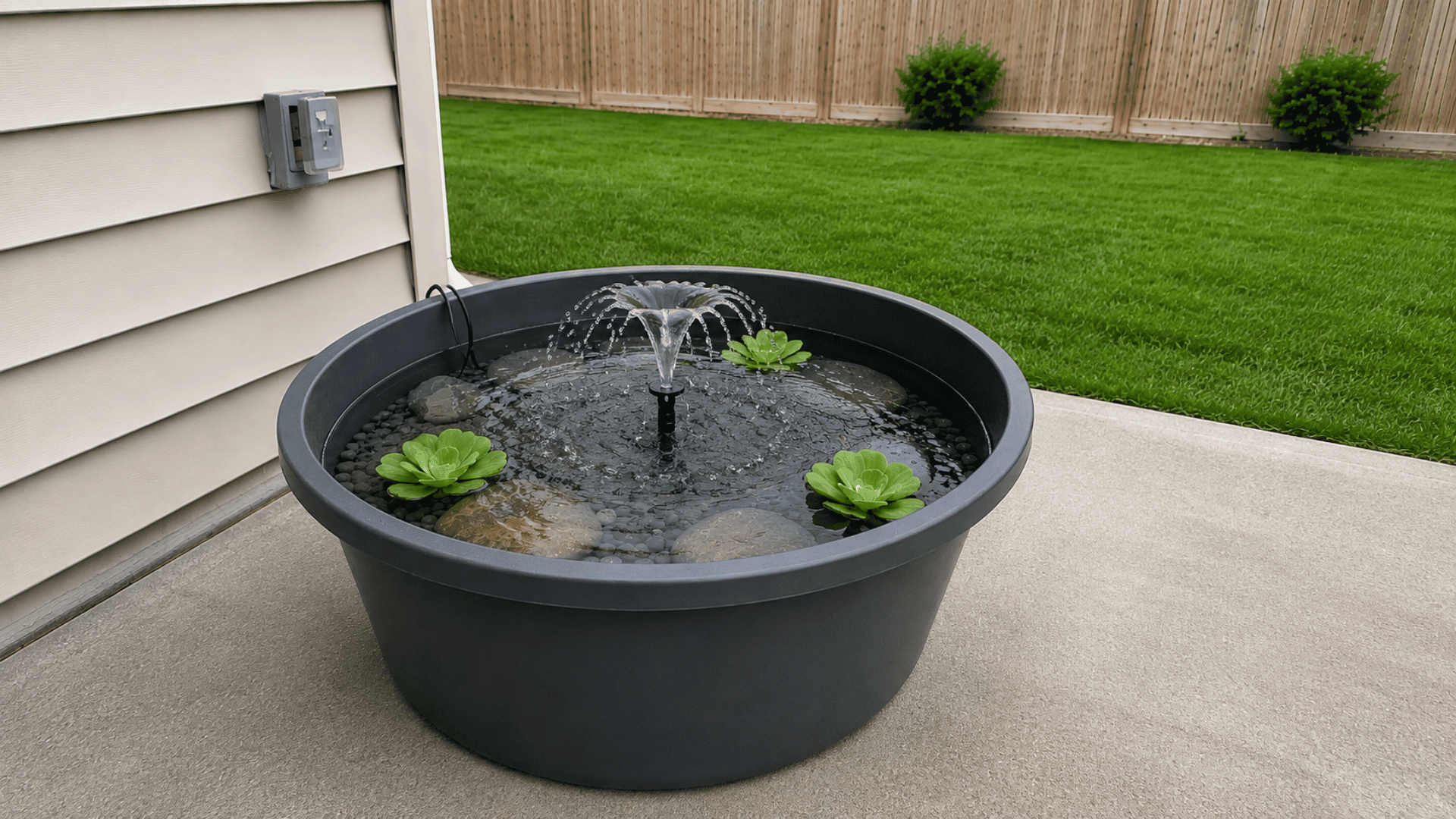 black tub water feature with fountain, stones, and floating plants near backyard lawn