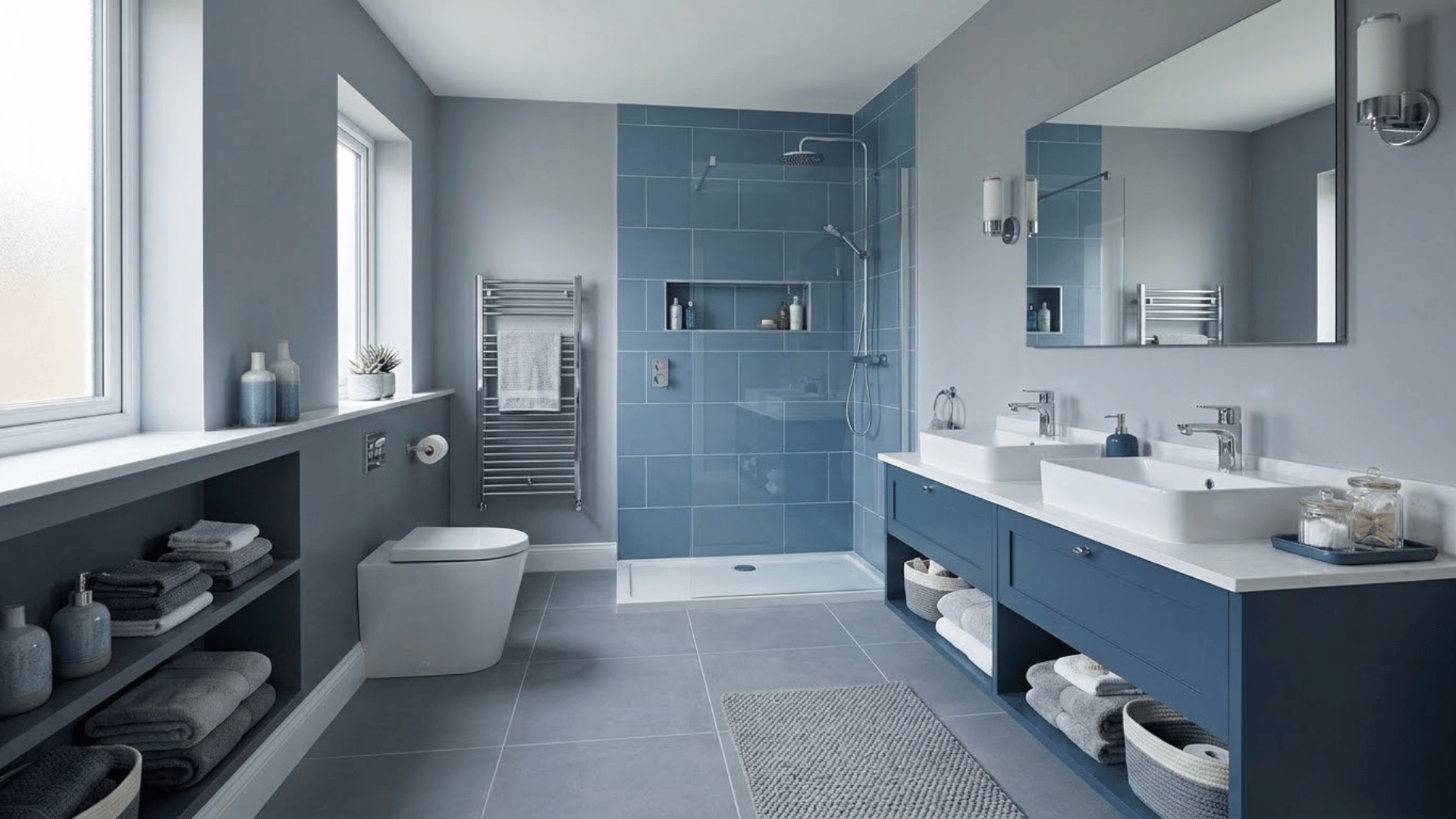 Blue and gray bathroom with matching walls, vanity, tiles, and fixtures