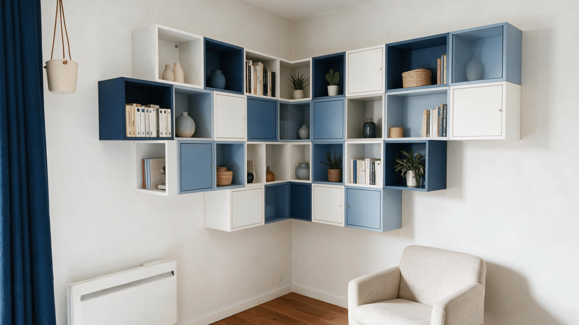 blue and white wall shelves fill a corner with books plants baskets and decor above a cream chair and radiator
