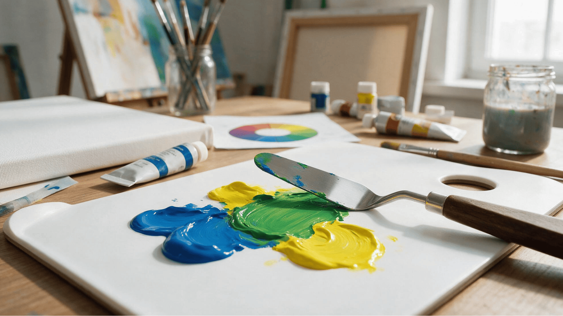 blue and yellow acrylic paint being mixed into green on a white palette