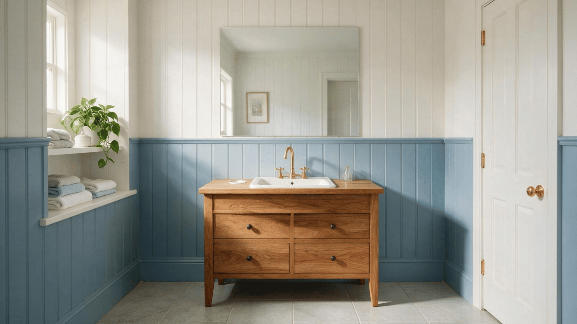blue beadboard bathroom with wood vanity brass faucet built in shelves white walls and soft natural light glow (1)