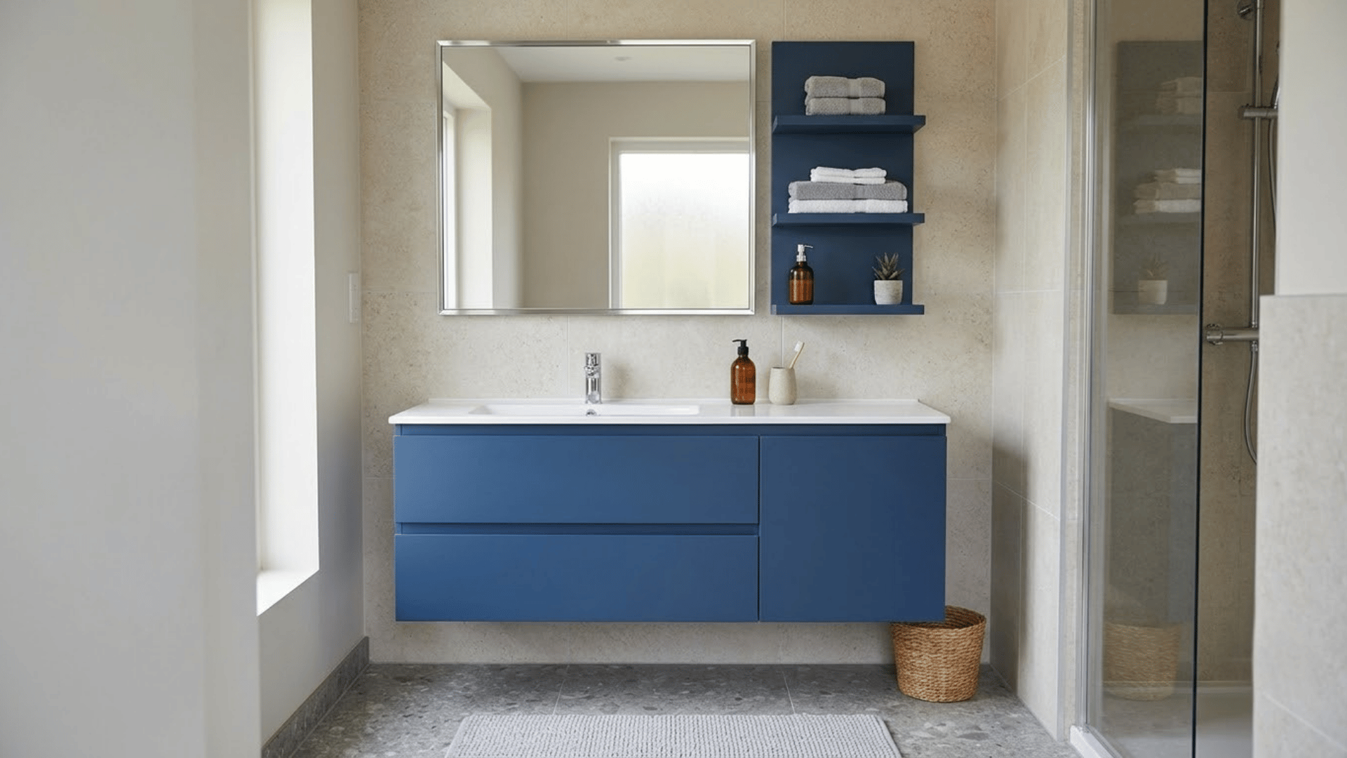 Blue floating vanity with sink and mirror mounted on a bathroom wall