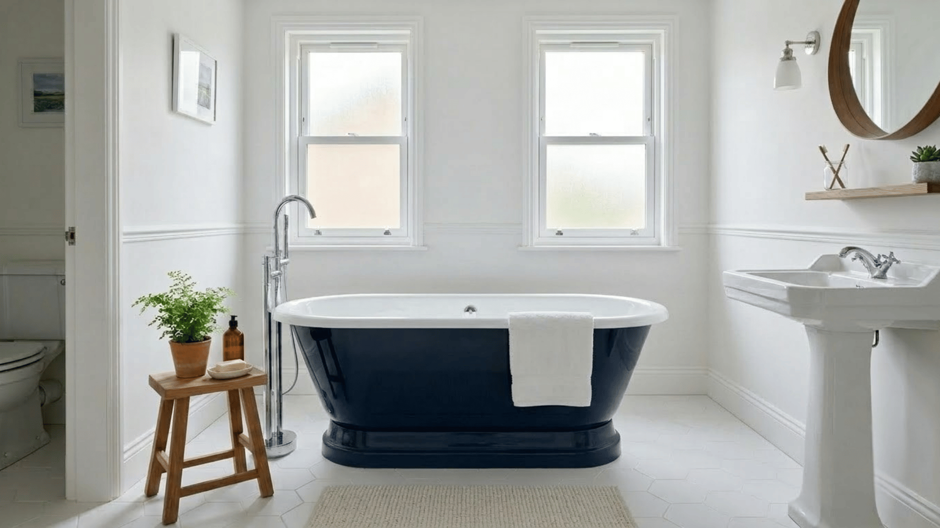 Blue freestanding bathtub placed in a bathroom with simple fixtures