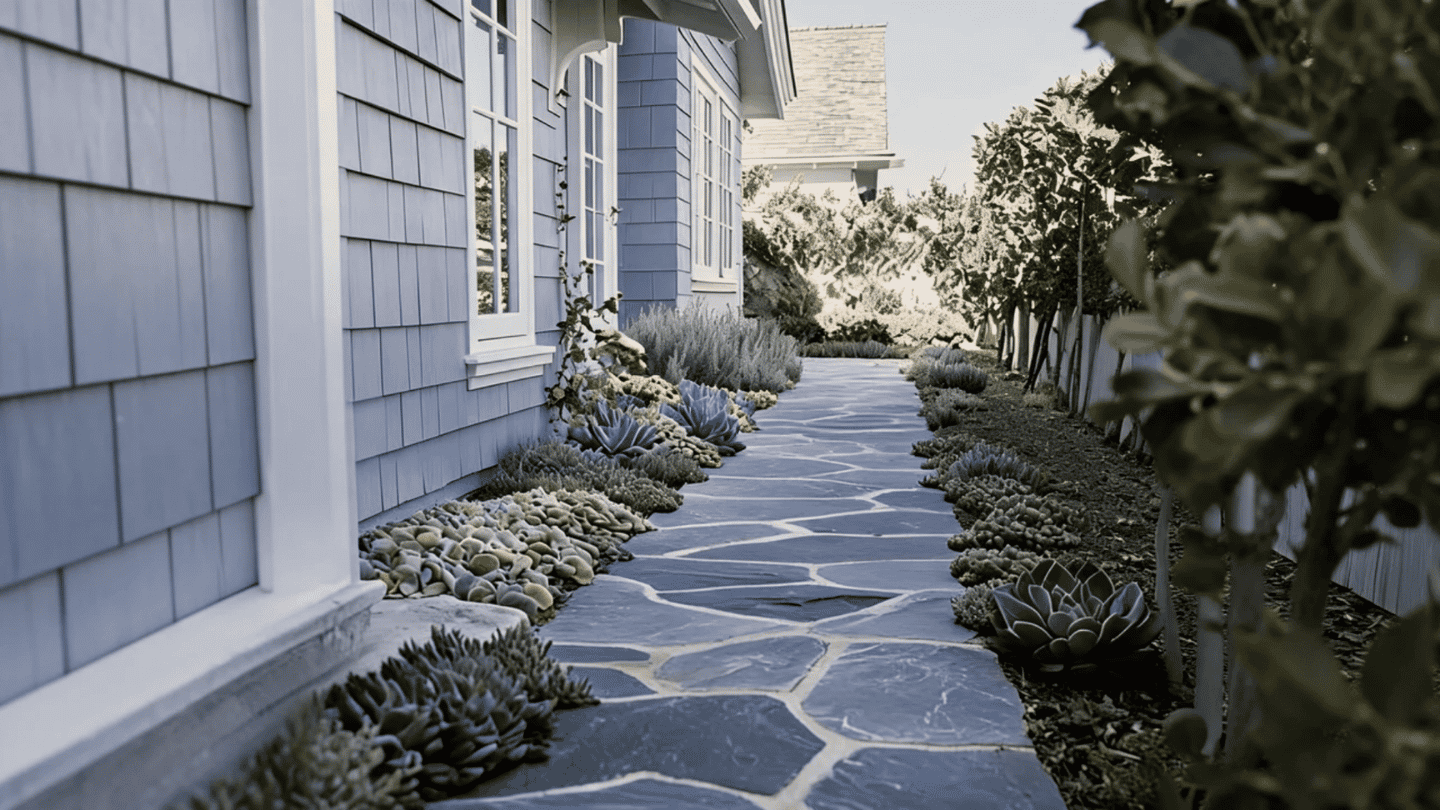 Blue-gray bluestone walkway bordered by plants in a landscaped outdoor space.