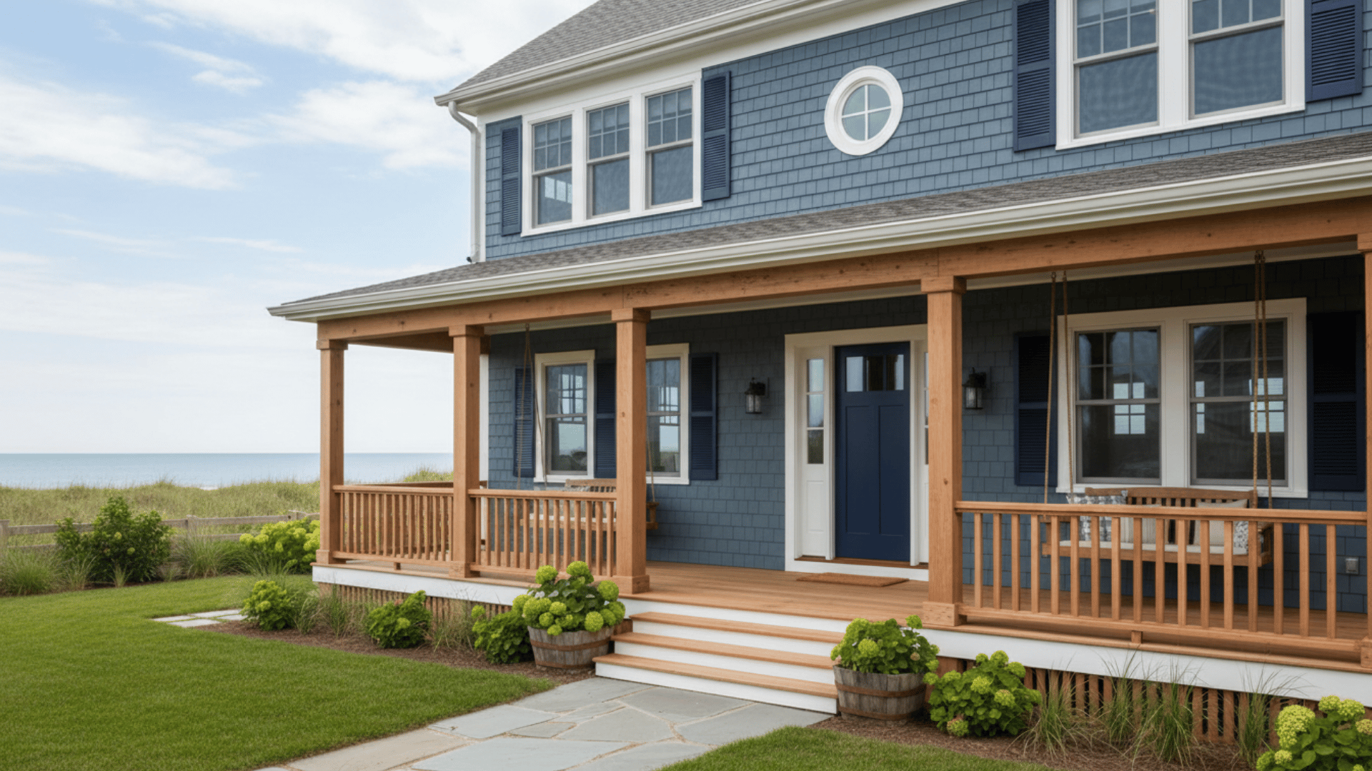 Blue gray coastal house exterior with white trim, navy door, and natural wood accents.