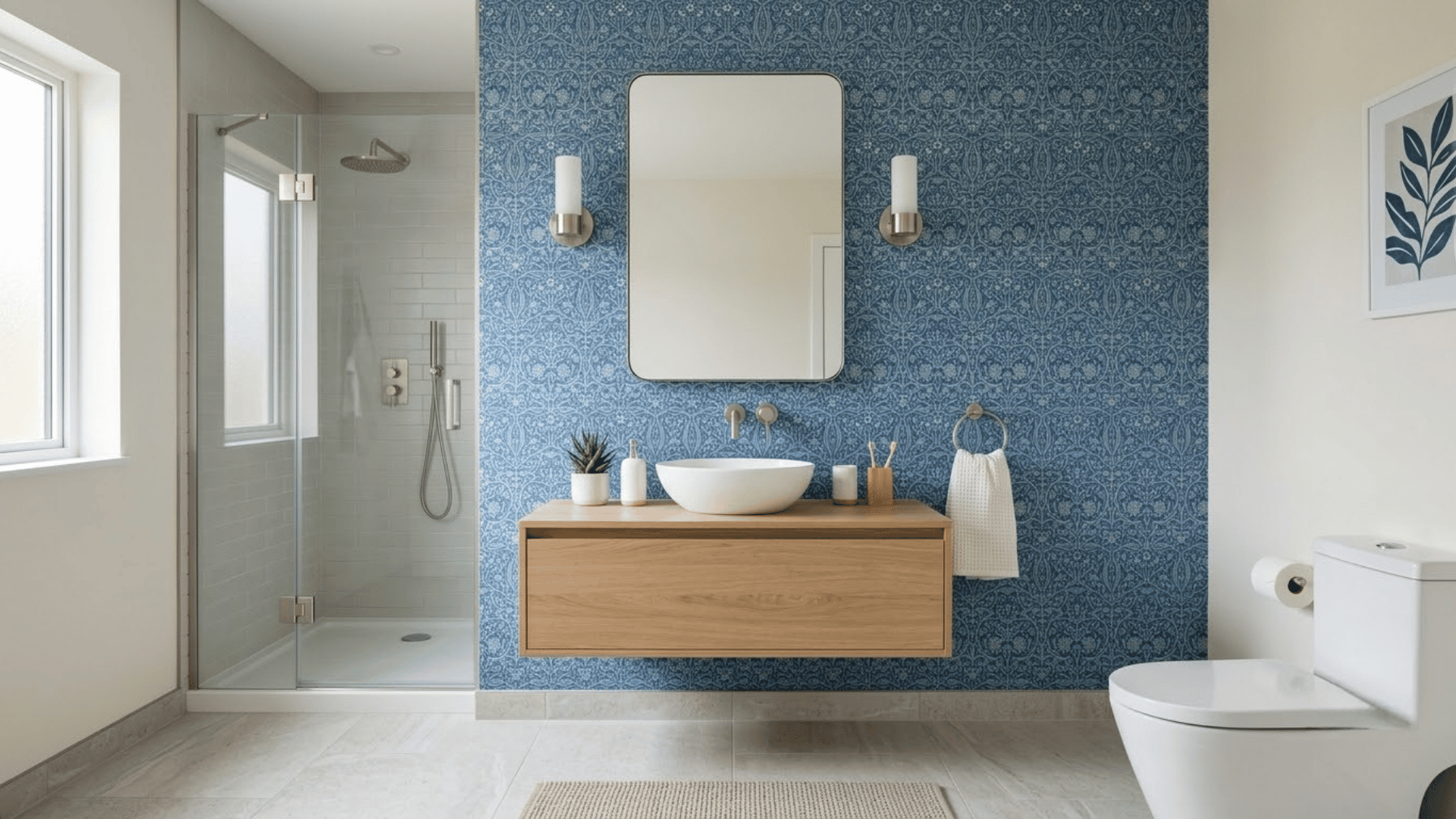 Blue wallpaper accent wall behind a bathroom sink with simple fixtures and decor